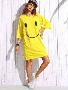 Print Drop Shoulder T-shirt Dress Under $15 - #fashion #style #shopping Oversized Tshirt Dress, Smiley Face Print, Vestidos Retro, Yellow Smiley Face, Face Print, Yellow T Shirt, Half Sleeve Dresses, Knit Sweater Dress, T Shirt And Shorts