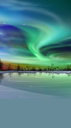 an aurora bore over a lake with trees in the foreground