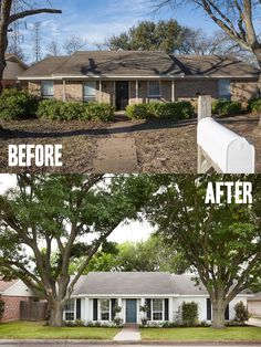 before and after photos of a house with trees in the front yard, from top to bottom