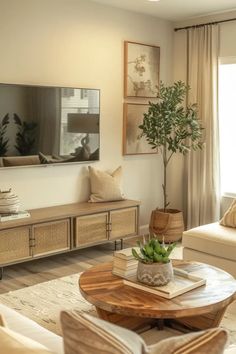 a living room filled with furniture and a flat screen tv mounted to the wall over a wooden coffee table