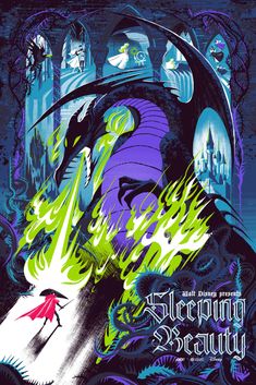 the poster for sleeping beauty shows an image of a dragon with fire coming out of its mouth