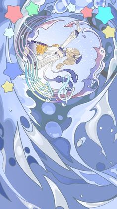 an image of a woman floating in the air with stars around her and water swirling around her