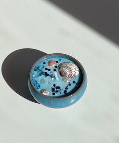 a small blue bowl filled with sea shells on top of a white table next to a shadow