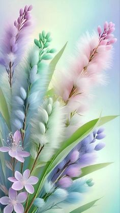 an artistic painting of flowers and leaves in pastel colors