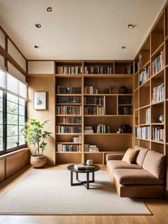 a living room filled with lots of bookshelves next to a couch and coffee table