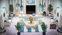 a living room with blue and white striped walls