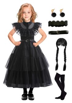 PRICES MAY VARY. 【Black Dress】You will get a black gothic dress,inspired by popular TV series characters which is Wednesday Addams.Let your child wear the dress and dress her up as her favorite character.she will be the focus of any occasion. 【Package Includes】The dress set includes: A piece of black dress+A waist decoration+A belt+A black wig+A pair of black stockings+Two earrings.After receiving the package, please carefully check whether the accessories are complete. 【High Quality】The dress i Wednesday The Addams Family, Wednesday Costume, Black Gothic Dress, Wednesday Addams Dress, Addams Dress, Wednesday Addams Costume, Wednesday Dress, Series Characters, Addams Family Costumes