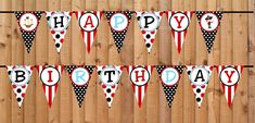 happy birthday bunting banner on wooden background