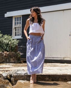 Summer Favourites; the Stella Skirt and Nat Top are available online and in store. Playful Cotton Lined Skirt, Playful Blue Cotton Skirt, Blue Floral Print Relaxed Skirt, Tall Skirt, Mean To Be, Summer Favorites, Luxury Linen, Skirt Design, V Neck Dress