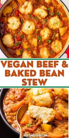 vegan beef and baked bean stew in a pot