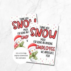 two christmas cards with the words, thank you and snowman in red on them