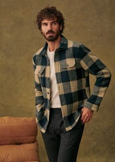 Lellan Shirt - Green and Rust Tiles - Wool - Octobre Éditions Plaid Button-up Top With Welt Pockets, Plaid Tops With Pockets For Casual Gatherings, Plaid Tops With Patch Pockets For Fall, Fall Plaid Tops With Patch Pockets, Green Check Shirt Outfit, Check Shirt Outfit, Checked Shirt Outfit, Parisian Studio, Dramatic Classic