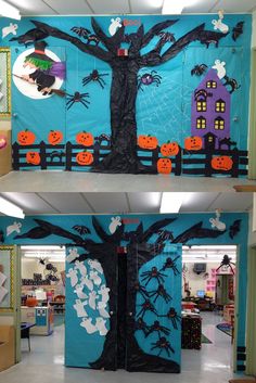 two pictures of the inside of a classroom decorated for halloween