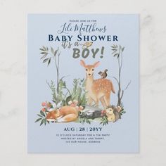 a baby shower card with an image of a deer and other animals in the background