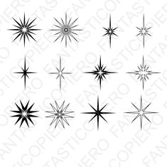 six star shapes in black and white, each with different angles to the same point