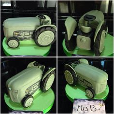 four pictures of a toy tractor on display in different stages of being made out of fondant