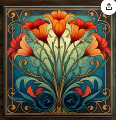 an art nouveau painting with flowers and swirls in blue, orange and yellow colors