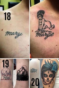 some tattoos that are on the back of someone's neck and chest, all in different