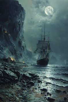 a painting of a ship in the ocean at night