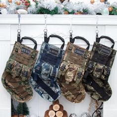 "Looking for a unique and Christmassy gift to thank your friends and family or to honor military personnel and veterans in person? Don't miss our special Christmas stockings, a great gift for Marines, Army, Navy, Air Force, Soldiers and Veterans. Unlike traditional stockings, these Christmas stockings are unique and creative, providing you with a distinctive home holiday decoration. We use high-quality buckles and handles that not only enhance the durability of the stockings but also add a special touch. Additionally, we've incorporated the American flag and military elements to bring you a Christmas atmosphere of perseverance and glory. Our military-themed Christmas stockings can easily be hung on your fireplace, Christmas tree, or anywhere you like, adding a unique holiday decoration to Tactical Gifts For Him, Tactical Gear Fashion, Embroidered Stockings Christmas, Air Force Soldiers, Tactical Christmas, Military Ornaments, Tactical Style, Military Christmas, Stockings With Names