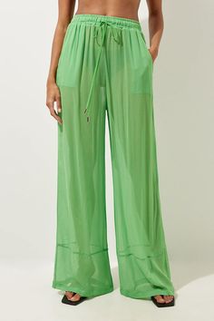 Feel Summer Ready In A Pair Of Beach Trousers, With Lightweight Fabric Perfect For Sunny Days, And A Relaxed Fit Ideal For Laidback Days By The Pool. This Piece Can Easily Be Styled With A Crop Top Or A Bikini And Strappy Sandals For A Holiday Outfit That Goes Seamlessly From Day To Night. Wide Leg Woven Beach Trousers Statement, Ultra Wide Leg Fit Comfortable High Waistline Statement Sheer Fabric Drawstring Waistband Pocket Features Green Wide-leg Beach Pants, Green Wide Leg Pants For Beach Season, Green Summer Pants With Elastic Waistband, Green Pants With Elastic Waistband For Beach Season, Green Pants For Beach Vacation, Green Pants For Vacation Beach Season, Green Beach Vacation Pants, Summer Wide-leg Green Pants, Green Wide-leg Summer Pants