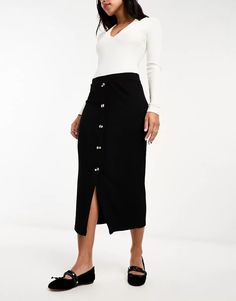 ASOS DESIGN ribbed midi skirt with horn buttons in black | ASOS Chic Fitted Maxi Skirt With Buttons, Fitted Chic Maxi Skirt With Buttons, Chic Midi-length Bottoms With Buttons, Chic Midi Length Bottoms With Buttons, Elegant Black Pencil Skirt With Buttons, Black Pencil Skirt With Button Closure, Black Buttoned Skirt For Night Out, Horn, Black Fashion