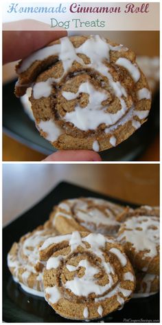 cinnamon roll with white icing on top is shown in two different pictures, and the bottom