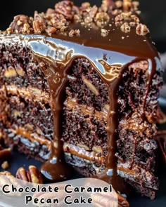 a piece of chocolate caramel pecan cake on a plate