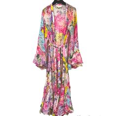 This Beautiful Floral/Metallic Dress Has A Plunging V-Neck, Long Poet Ruffled Sleeves, Self-Tie Belt, Tiered Ruffle Skirt, Unlined. Nwot! Spring Open Front Silk Dress, Spring Silk Maxi Dress With V-neck, Silk V-neck Maxi Dress For Spring, Silk V-neck Maxi Dress For Brunch, Silk V-neck Maxi Dress With Ruffles, Summer Silk Dresses With Open Front, Silk Open Front Summer Dress, Pink Open Front Dress For Spring, Open Front Pink Spring Dress