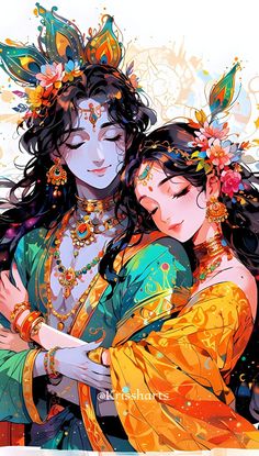 two women hugging each other while wearing colorful clothing and jewelry on their heads, with flowers in her hair