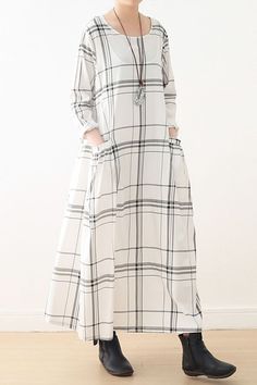 Beach Maxi Dress With Pockets And Long Sleeves, Long Sleeve Maxi Dress With Pockets For Vacation, Long Sleeve Plaid Dress With Pockets, Plaid Long Sleeve Dress With Pockets, Plaid Long-sleeve Dresses With Pockets, Casual Plaid Dresses With Pockets, Summer Plaid Dresses With Pockets, Casual White Maxi Dress For Fall, White Cotton Maxi Dress For Fall