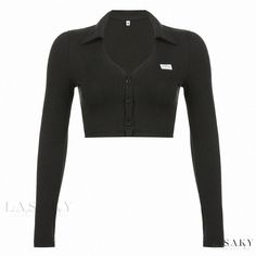 Lasaky - Form-fitting Knit Sweater with Crop Top Style and Single Button Closure Long Sleeve Top Crop Top Style, Shirt Blouses Tops, Yoga Tops, Bandeau Top, Types Of Collars, Long Sleeve Top, Knit Sweater, Breathable Fabric, Knitted Sweaters