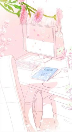 a computer desk topped with a laptop computer and a pink flowered wall behind it