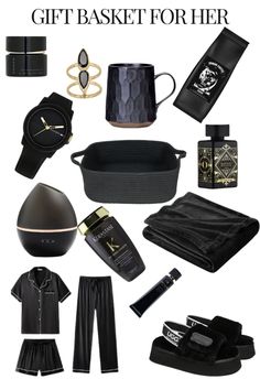 the gift basket for her is full of black and gold items, including an evening gown,