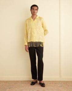 This shirt is inspired by a piano shawl from the early 20th century. Piano shawls became popular in Victorian England as home decorations, but by the 1930s, the name had come to refer to fringed silk shawls worn by women. The newer shawls were influenced both by Spanish and Chinese fashions and motifs. This shirt is em Piano Shawl, Victorian England, New York Mens, Silk Shawl, Home Decorations, Cut Shirts, Trouser Pants, Early 20th Century, Chinese Style