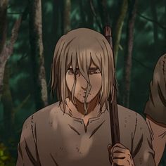 an anime character holding a stick in the woods