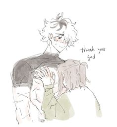 a drawing of two people with the words thank you good written above them on their faces