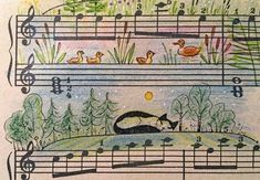 a drawing of musical notes with cats and ducks