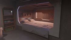 a bedroom with a bed and shelves in the corner that are lit up by lights