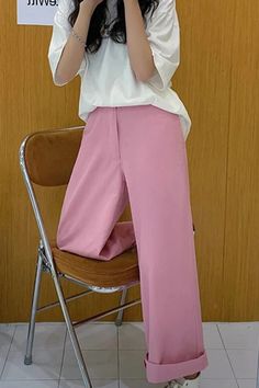 High Waist Solid Sweet Pink Pants – Tomscloth Pink Baggy Ankle-length Pants, Baggy Ankle-length Pink Pants, Pink Baggy Trousers, Pink Ankle-length Pants With Pockets, Pink Long Pants With Solid Color, Pink Stretch Pants Solid Color, Stretch Pink Pants, Stretch Pink Solid Color Pants, Casual Pink Ankle-length Dress Pants