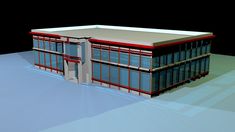 an architectural model of a building with red trim