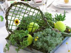 an arrangement of plants and tennis balls in a basket on a table with place settings