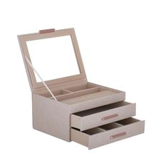 an open wooden jewelry box with two drawers