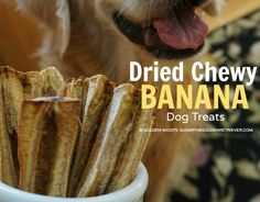 a close up of a bowl of food with a dog in the background and text reading dried chewy banana dog treats