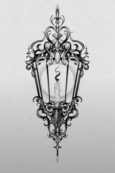 a drawing of a clock hanging from the side of a wall with an ornate design