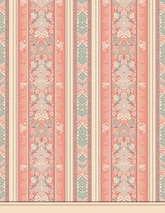 an old fashioned wallpaper with stripes and floral designs on the border, in coral