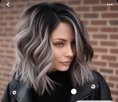 Colored Black Hair Ideas, Silver Balayage On Dark Hair Short, Hair Ideas For Greying Hair, Blonde And Grey Balayage, Cool Blonde On Dark Hair, Grey Balyage Short Hair, Short Grey Balayage Hair, Dark To Grey Balayage, Dark To Blonde Balayage Short Hair