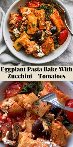 eggplant pasta bake with zucchini and tomatoes in a white bowl