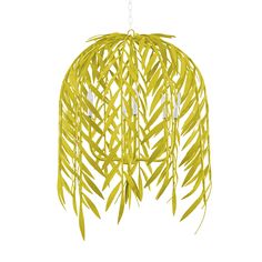 a yellow chandelier hanging from the ceiling with long, thin leaves on it