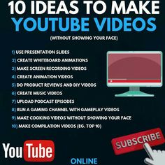 a poster with the words 10 ideas to make youtube videos on it and an image of a computer screen